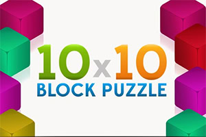 Šareni 3D blokovi uz natpis „10x10 BLOCK PUZZLE na bijeloj pozadini