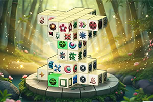 Mahjong pločice složene u obliku piramide u šumskom okruženju sa čarobnim sjajem