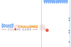 Šareni natpis Bounce Colors Challenge uz plavi okvir s bodljama, metu i crvenu kuglicu na bijeloj pozadini