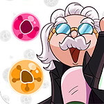 Brain Master Game for Genius Lik s bijelom kosom i naočalama podiže prst u zrak, okružen šarenim kuglicama