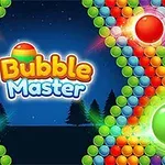 Šarena naslovnica videoigre Bubble Master s mnoštvom šarenih mjehurića i tamnim noćnim pejzažem u pozadini