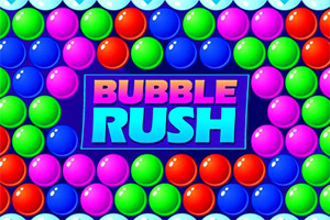 Šarene sjajne kuglice okružuju plavi natpis BUBBLE RUSH na tamnoj pozadini