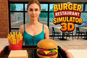 Konobarica u restoranu s hamburgerom i pomfritom na pladnju, uz veliki natpis „Burger Restaurant Simulator 3D