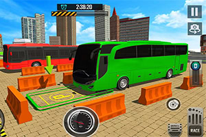 Zeleni autobus u 3D gradskom okruženju s prometnim barijerama, crvenim autobusom i visokim zgradama u pozadini