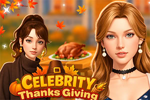 Dvije elegantno odjevene žene uz blagdanski stol s pečenom puretinom, jesenskim lišćem i natpisom „Celebrity Thanksgiving