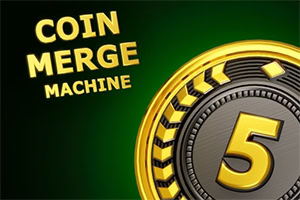 Zlatni novčić s brojem 5 na tamnozelenoj pozadini uz žuti natpis „COIN MERGE MACHINE