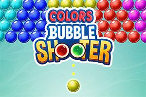 Šarene kuglice i veliki natpis „Colors Bubble Shooter iznad zelene kuglice na svijetloplavoj pozadini