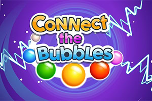 Šareni natpis Connect the Bubbles s raznobojnim kuglicama na ljubičastoj pozadini s munjevitim linijama
