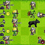 Defenders of the Realm: An Epic War! Pikselizirana scena borbe s različitim likovima, uključujući ratnike, čarobnjake i životinje na zelenoj pozadini