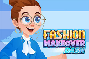 Nasmijana crtana žena s naočalama i punđom uz šareni natpis „Fashion Makeover Dash