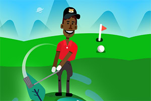 Crnački golfer s osmijehom drži golf palicu na igralištu s planinama u pozadini