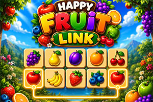 Šarena ploča s voćem, natpisom „Happy Fruit Link i ikonama grožđa, kruške, šljive, naranče, trešanja, jabuke, banana, jagode i borovnica u vrtnoj pozadini