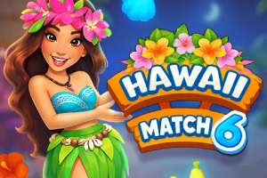 Nasmijana djevojka s cvjetnim vijencem i havajskom odjećom pokraj šarenog natpisa „HAWAII MATCH 6