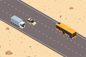 Ilustracija pustinjske ceste s autobusom, kamionom, autom i zastavom