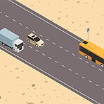 Highway Rush Ilustracija pustinjske ceste s autobusom, kamionom, autom i zastavom