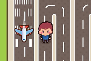 Crtež dječaka i aviona na odvojenim prometnim trakama