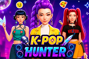 Tri stilizirane K-pop djevojke na neonskoj ljubičastoj pozadini s velikim natpisom K-POP HUNTER, zvučnicima i disco kuglom