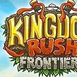 Logo igre Kingdom Rush Frontiers sa stiliziranim zlatnim slovima i ukrasnim okvirom na vedrom nebeskom pozadinskom motivu