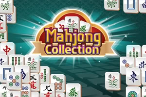 Naslov „Mahjong Collection okružen razbacanim bijelim pločicama mahjonga na zelenoj pozadini sa zrakama svjetlosti