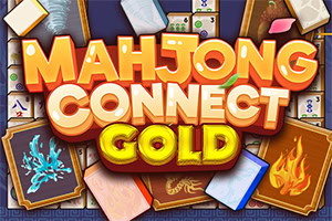 Šareni naslov „Mahjong Connect Gold okružen mahjong pločicama i kartama s motivima vatre i biljaka
