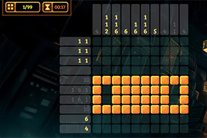 Ekran igre Picross s riješenom slagalicom u obliku ribe na tamnoj pozadini