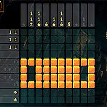 Nonogram Saga Ekran igre Picross s riješenom slagalicom u obliku ribe na tamnoj pozadini