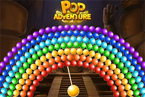 Šareni lukovi kuglica iznad zlatne kugle na drvenoj stazi, s natpisom „Pop Adventure u pozadini