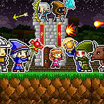 Retro Defenders: Towers' War Likovi u piksel art stilu borbeno su raspoređeni ispred kule, s noćnim nebom i paukom u pozadini