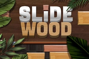 Drvena pozadina s velikim natpisom „SLIDE WOOD, okružena zelenim tropskim lišćem i drvenim blokovima