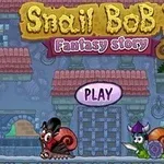 Naslovnica video igre Snail Bob 7: Fantasy Story s tipkom za pokretanje igre i likovima puževa obučenim u viteške oklope