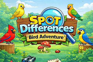 Šarena ilustracija s natpisom „Spot Differences Bird Adventure, povećalom i četiri ptice u šumskoj livadi