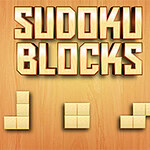 Naslov Sudoku Blocks iznad tri različita oblika blokova na drvenoj pozadini