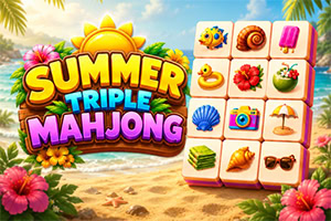 Šareni tropski prizor s naslovom „Summer Spice Mahjong, pločicama s ljetnim simbolima, palmama i hibiskusima