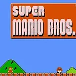 Početni ekran videoigre Super Mario Bros s logotipom i likom Maria na tipičnoj razini s cestom i zelenim brežuljcima