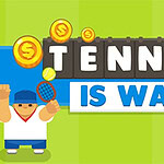 Kockasti crtež tenisača sa šiltericom drži reket uz natpis “Tennis is War” i zlatnike u pozadini