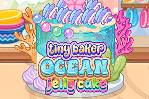 Šarena crtana torta s plavom glazurom, natpisom tiny baker ocean jelly cake i morskim ukrasima