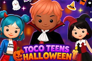 Tri vesela crtana lika u kostimima za Noć vještica s bundevom, duhom i natpisom Toco Teens Halloween