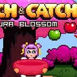 Animirani lik s ružičastom kosom hvata voće ispod cvjetajućeg sakura stabla u pikseliziranoj videoigri Touch & Catch: Sakura Blossom