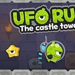 Promotivna slika videoigre UFO Run: The Castle Tower s zelenim izvanzemaljcem u svemirskom brodu i stiliziranim zvijezdama u