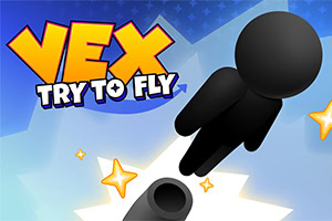 Crna figura u letu iznad topa na plavoj pozadini s natpisom „VEX TRY TO FLY