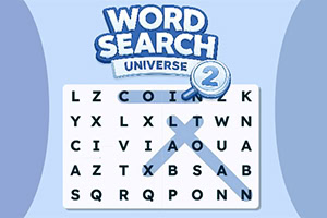 Logotip Word Search Universe iznad mreže slova s povećalom na plavoj pozadini