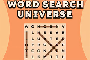 Natpis „Word Search Universe iznad mreže slova s označenim riječima na narančastoj pozadini