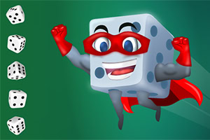 Crvenokapi superherojski kocka za igru lebdi uz ostale kocke na zelenoj pozadini